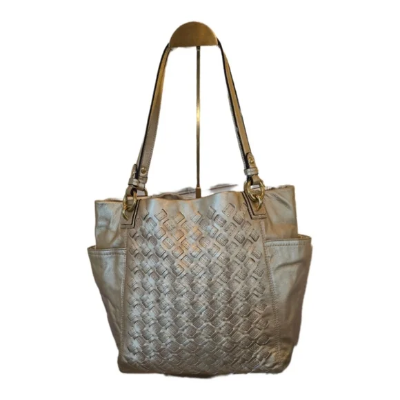 Coach North South Gold Metallic Woven Leather Tote Bag - Picture 2 of 7